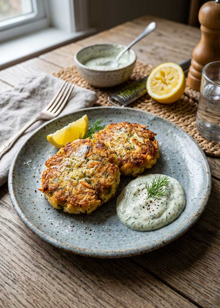 Latvian-Inspired Smoked Fish Potato Cakes with Dill Cream